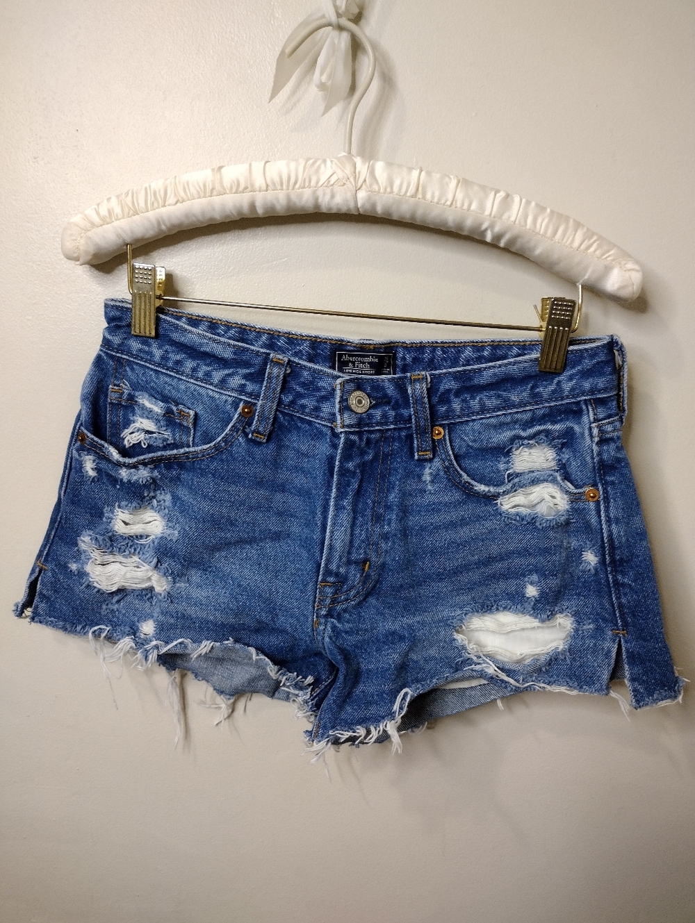 Abercrombie & Fitch Distressed Low-Rise Blue Denim Cutoff Bootie Shorts
